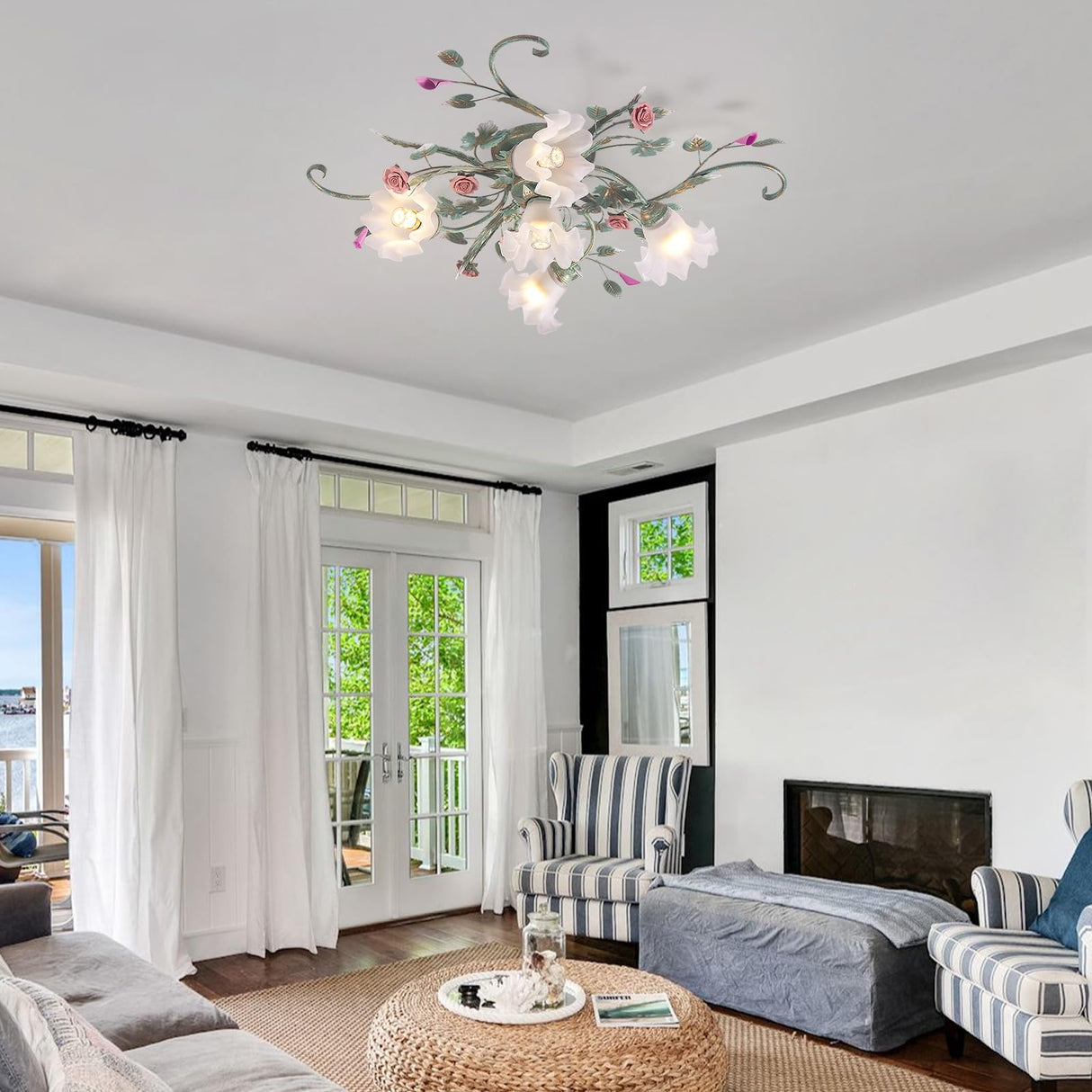5-Light Ceramic Rose Ceiling Light with Glass Lampshade