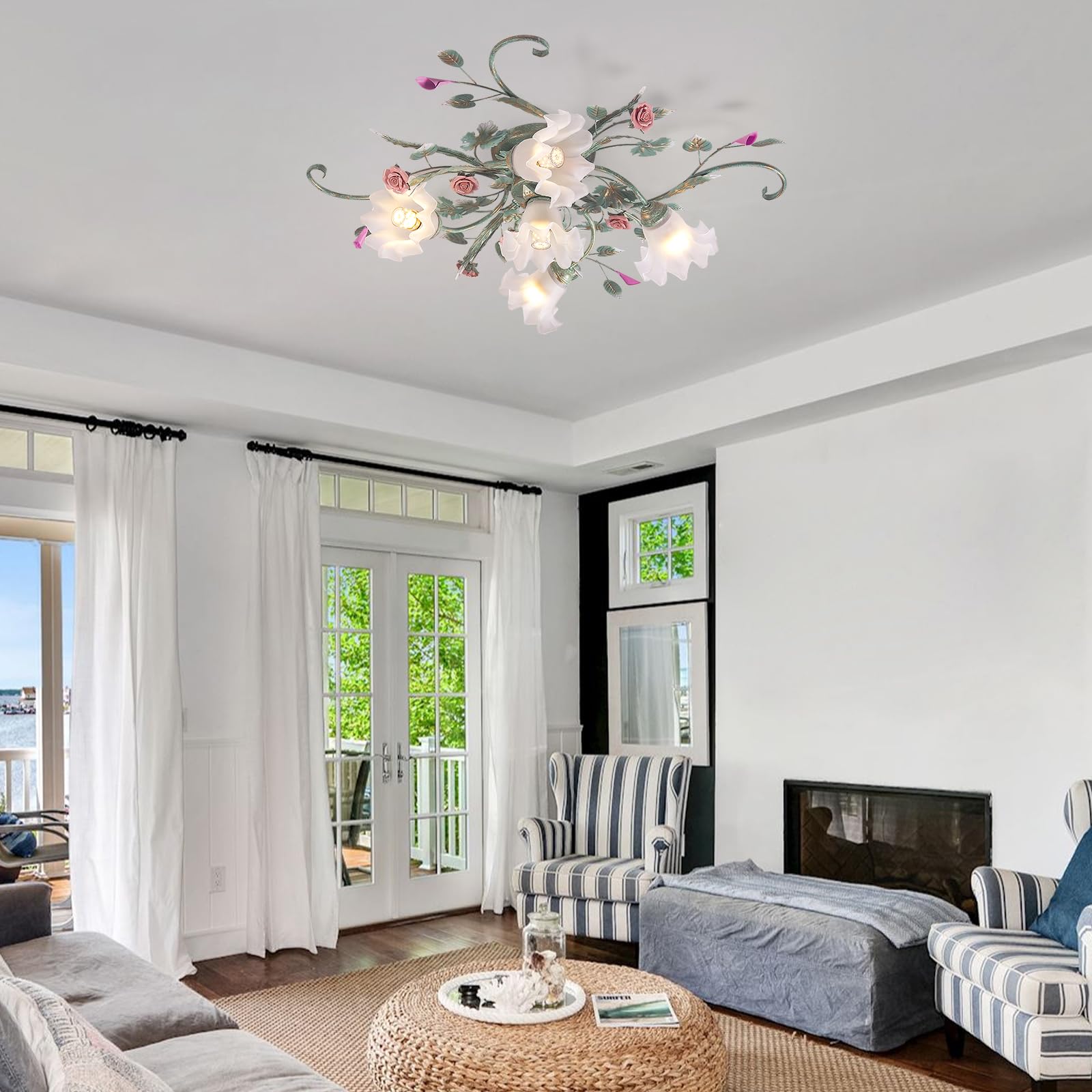 5-Light Ceramic Rose Ceiling Light with Glass Lampshade
