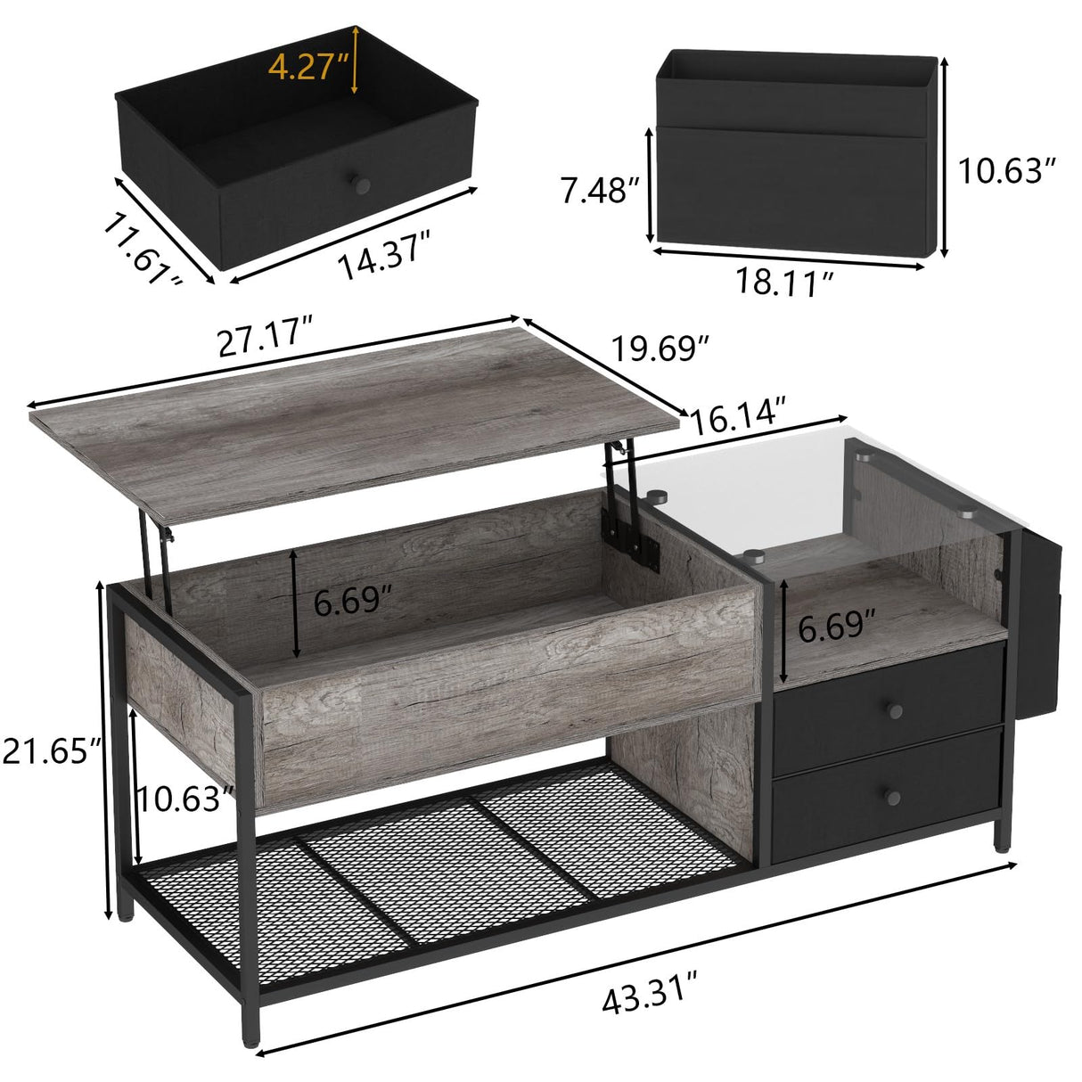 Top Coffee Table with LED Light & Power Outlet, Retro Coffee Tables