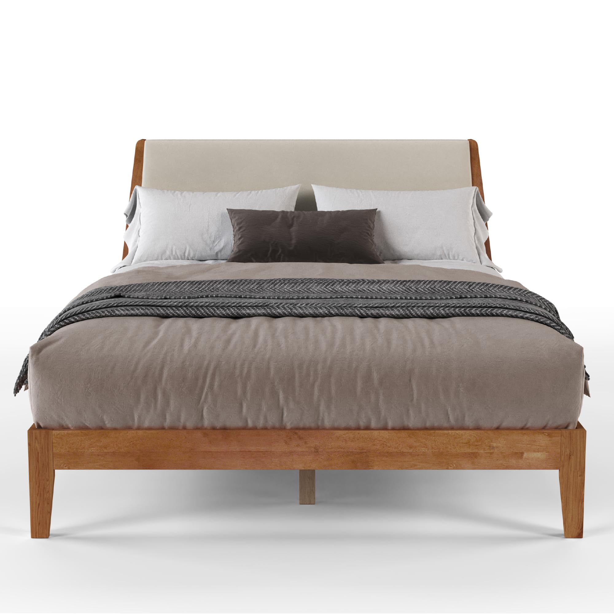 Solid Wood Queen Bed Frame with Headboard - Beige Walnut
