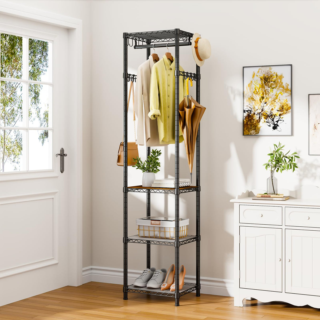 Coat Rack Freestanding, Hall Tree with 4 Storage Shelves and 16 Hooks, Coat Rack Stand