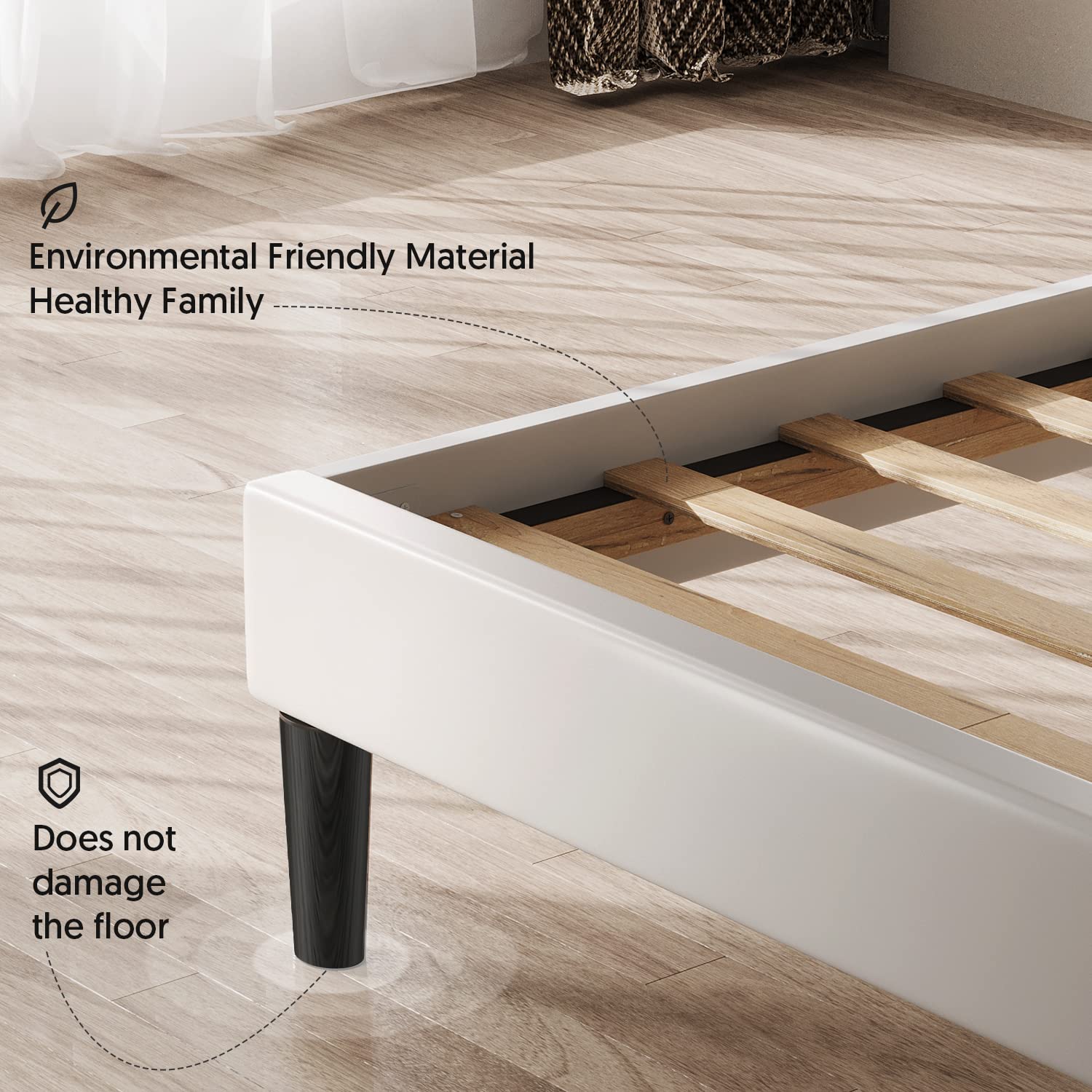 Queen Size Bed Frame Upholstered Low Profile Modern Platform Bed with Faux Leather Headboard/No Box Spring Needed/No Bed Skirt Needed (White)