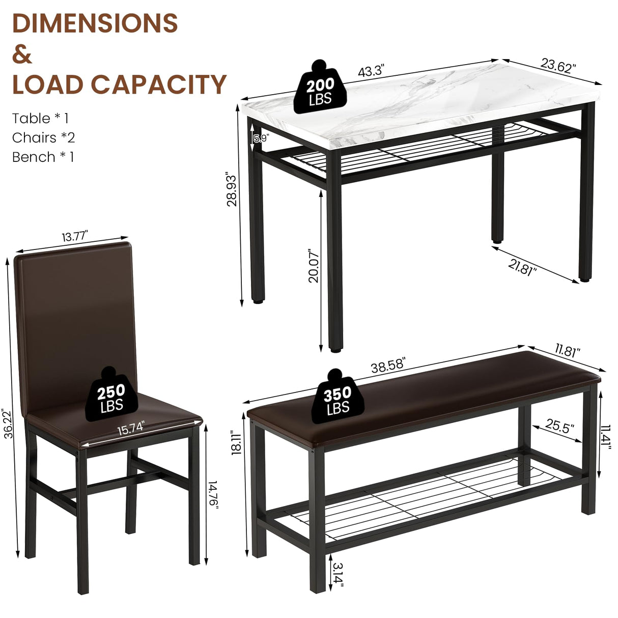 Dining Table Set for 4 with Bench and Chairs,Faux Mable Small Kitchen Table