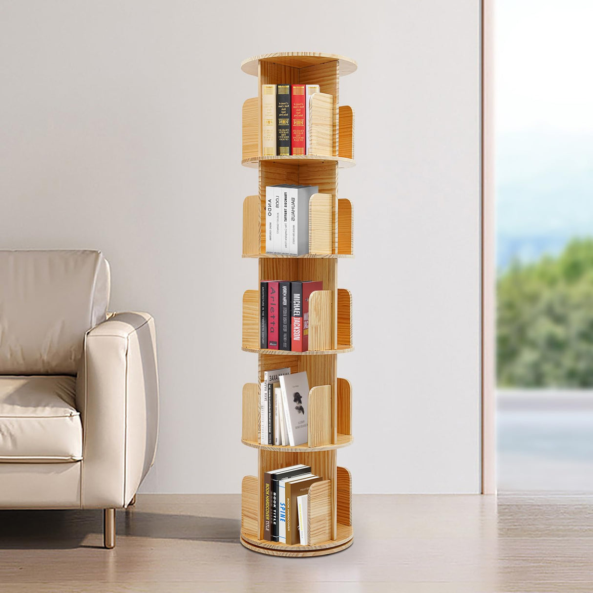 Wood Rotating Bookcase, Floor Standing Cylindrical Book Storage with Baffles Rack, 360
