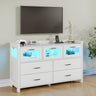 Whalefall White Dresser for Bedroom with 7 Drawers, Chests of Drawers with LED Lights and Charging Station, Modern Dresser with 3 Visual Drawers, Wood Wide LED Dresser for Bedroom, Closet, Entryway