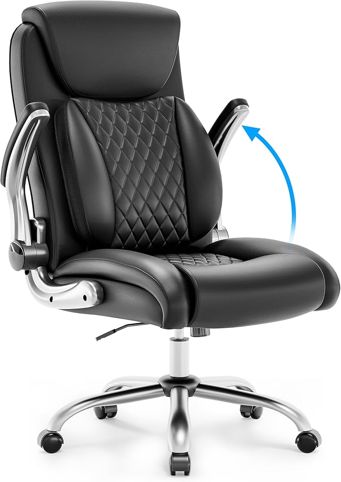 Executive Office Chair, Wide Pu Leather Ergonomic Home Office Desk Chairs with Adjustable Flip-Up Arms