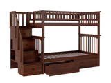 Columbia Twin over Twin Size Staircase Bunk Bed with Bed Drawers & Charging Station in Walnut