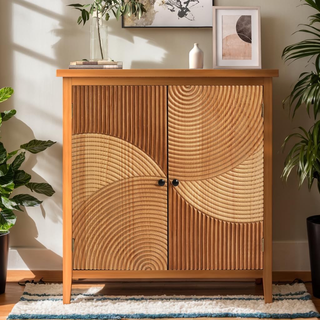 Geometric Wood Storage Cabinet with 2 Carved Doors – Natural Sideboard Console
