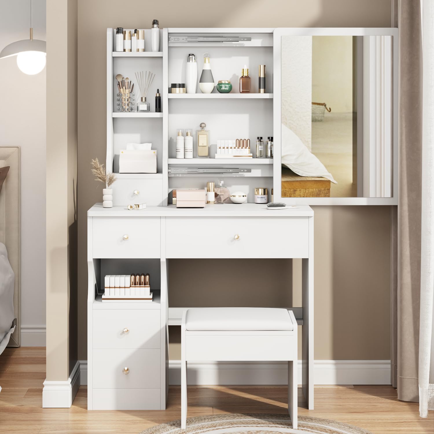 Small Makeup Vanity Desk Set with Sliding Mirror and Stool,Vanity Table with Storage Drawers and Shelves for Bedroom (White)