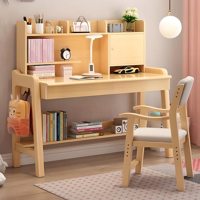 Chair Set Adjustable Height, All Solid Wooden Bedroom Furniture, Pink Table Chair Set with Shelves, Drawer, School Student's Table Office Computer Workstation (Pink)