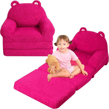 Foldable Kids Sofa, Sherpa Pink Teddy Bear Toddler Couch with Tri Folding Foam Cushions