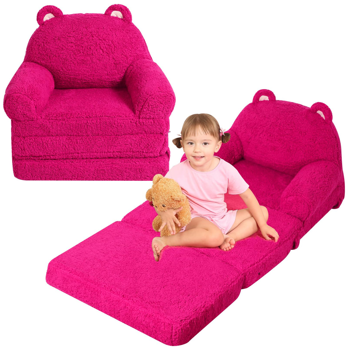 Foldable Kids Sofa, Sherpa Pink Teddy Bear Toddler Couch with Tri Folding Foam Cushions