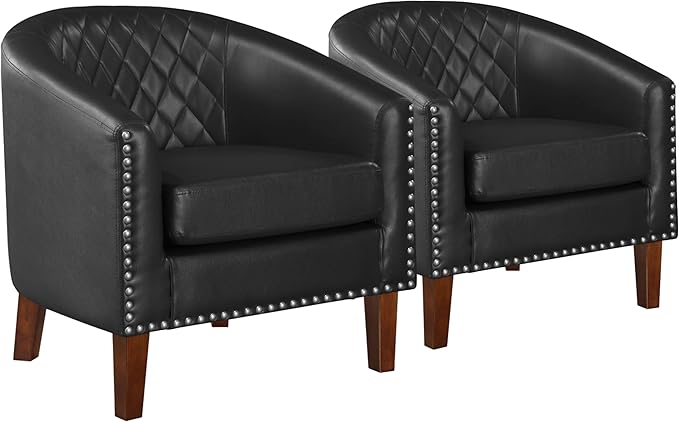 Comfy Barrel Accent Chair Set of 2 - Faux Leather Living Room Chair Club Chair