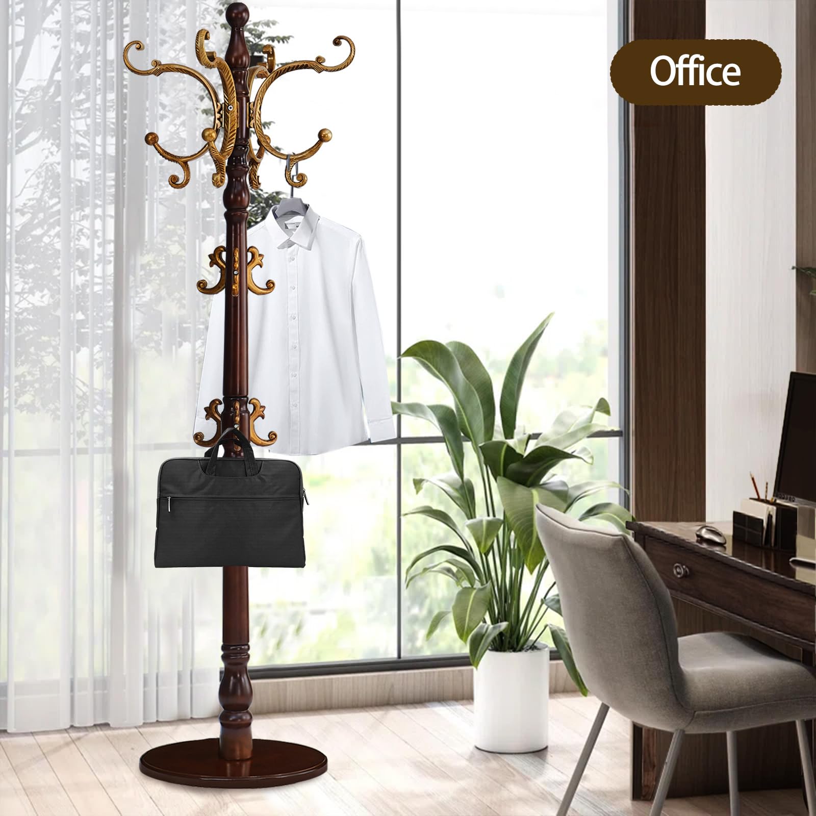 Coat Rack Freestanding, Wooden Coat Tree with Stable Round Base