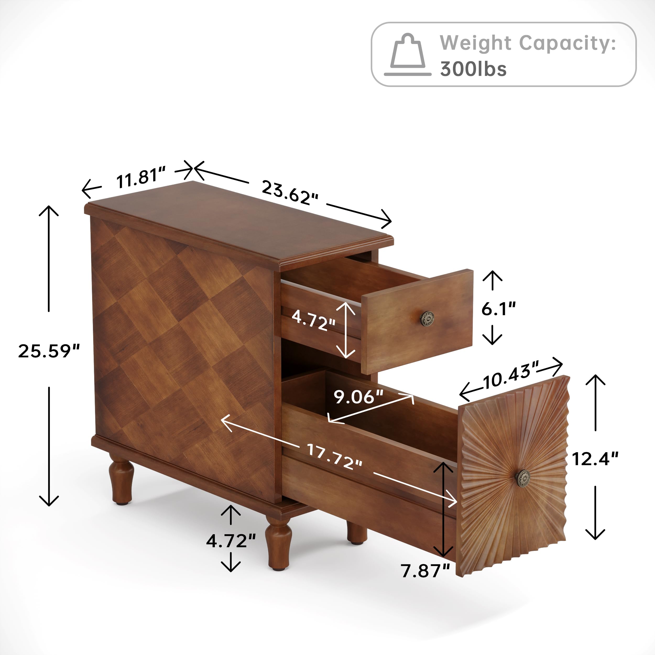 Sunburst End Table Set of 2, No Assembly Required 2 Drawers Sofa Side Table with Sunbeam Texture