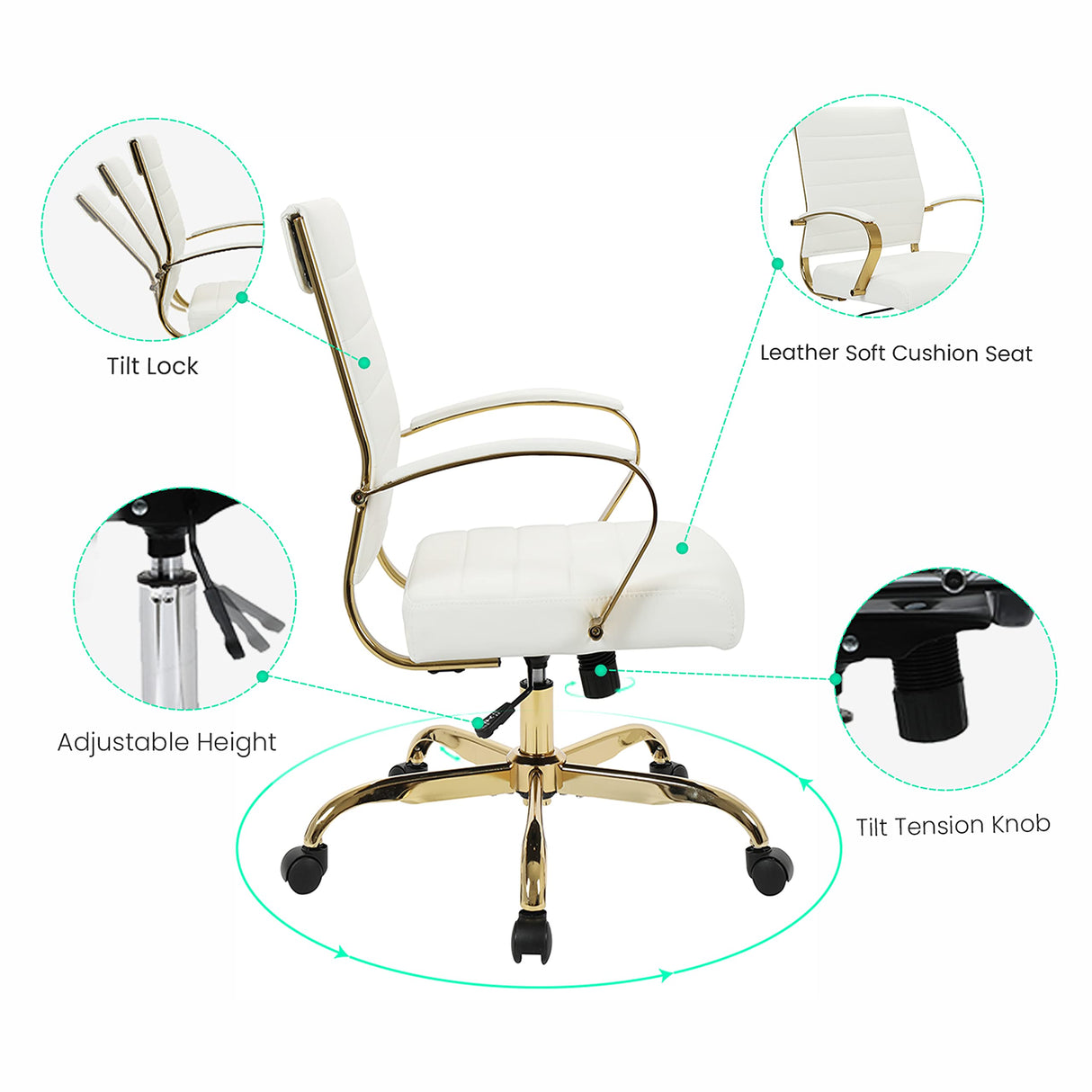 Mid-Back Ergonomic Office Chair - White Leather with Lumbar Support