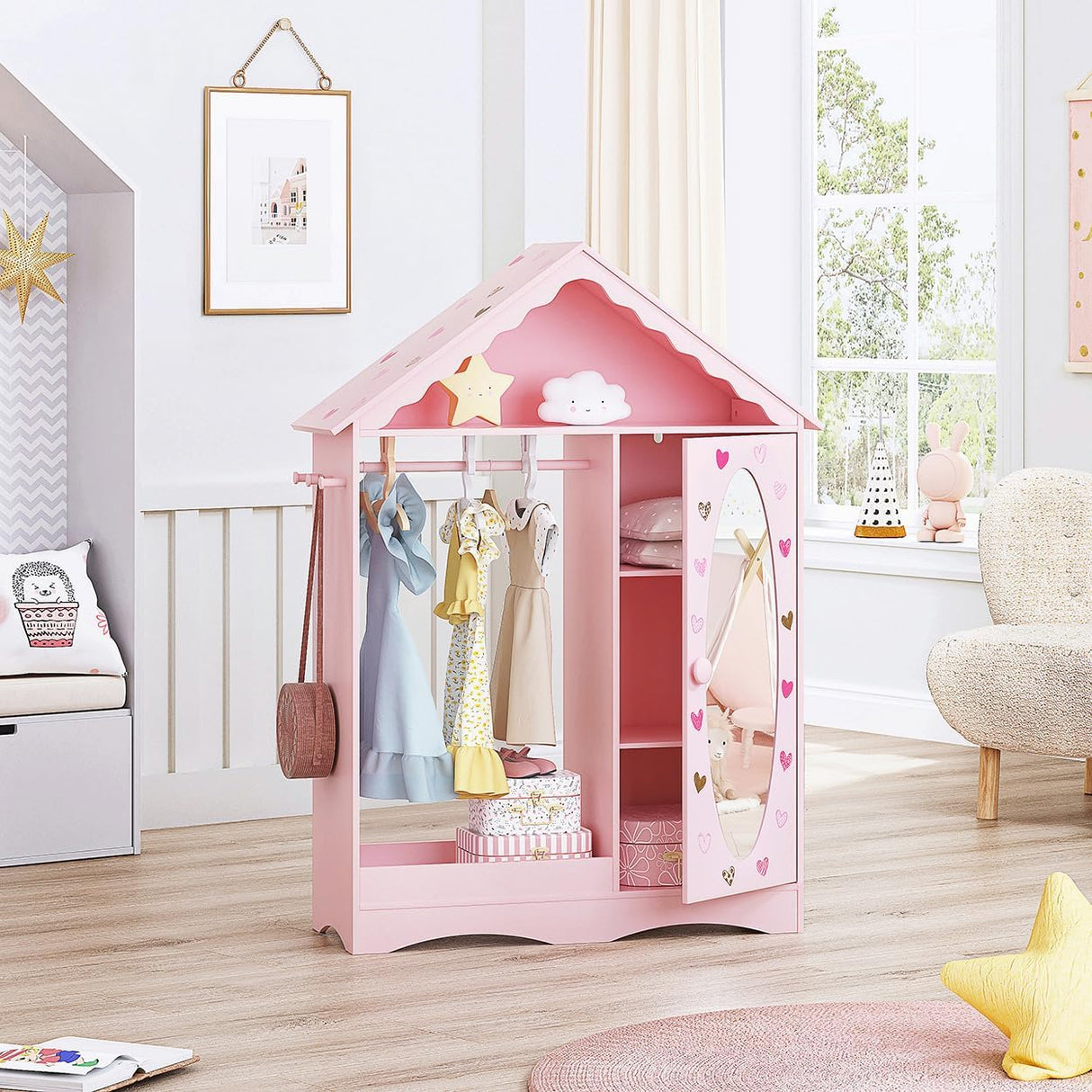 Kids Dress Up Storage with Mirror, Kids Wardrobe Closet, Dress Up Armoire for Little Girls