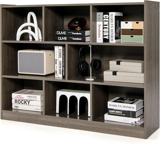 8 Cube Bookcase, Freestanding 3-Tier Open Bookshelf, Modern Storage Display Cabinet, Wood Cube Storage Organizer for Living Room, Kid’s Room, Grey