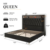 Bed Frame with LED Lights and Charging Station, Velvet Tall Upholstered Platform Bed