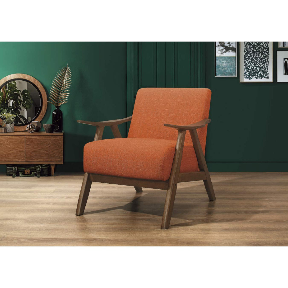 Century Modern Accent Chair with Solid Wood Frame in Walnut Finish, Upholstered Living Room Lounge Arm Chair, Thick and Comfy Innerspring Seat Cushion, Linen-Look Fabric, Orange