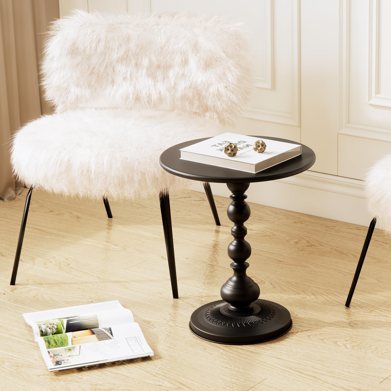 Metal Small Round Side End Table, Vintage Matte Coffee Drink Cocktail Table, Accent Pedestal Table for Living Room Corners and Small Spaces, 21'' Height (Black)