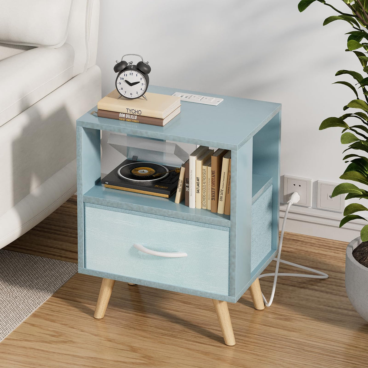 Night Stand with Charging Station, Blue Kids Nightstand with Drawer