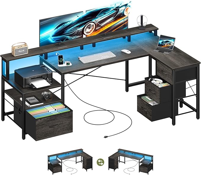 L Shaped Desk with Drawers, LED Computer Desk with Power Outlets, 75" Reversible