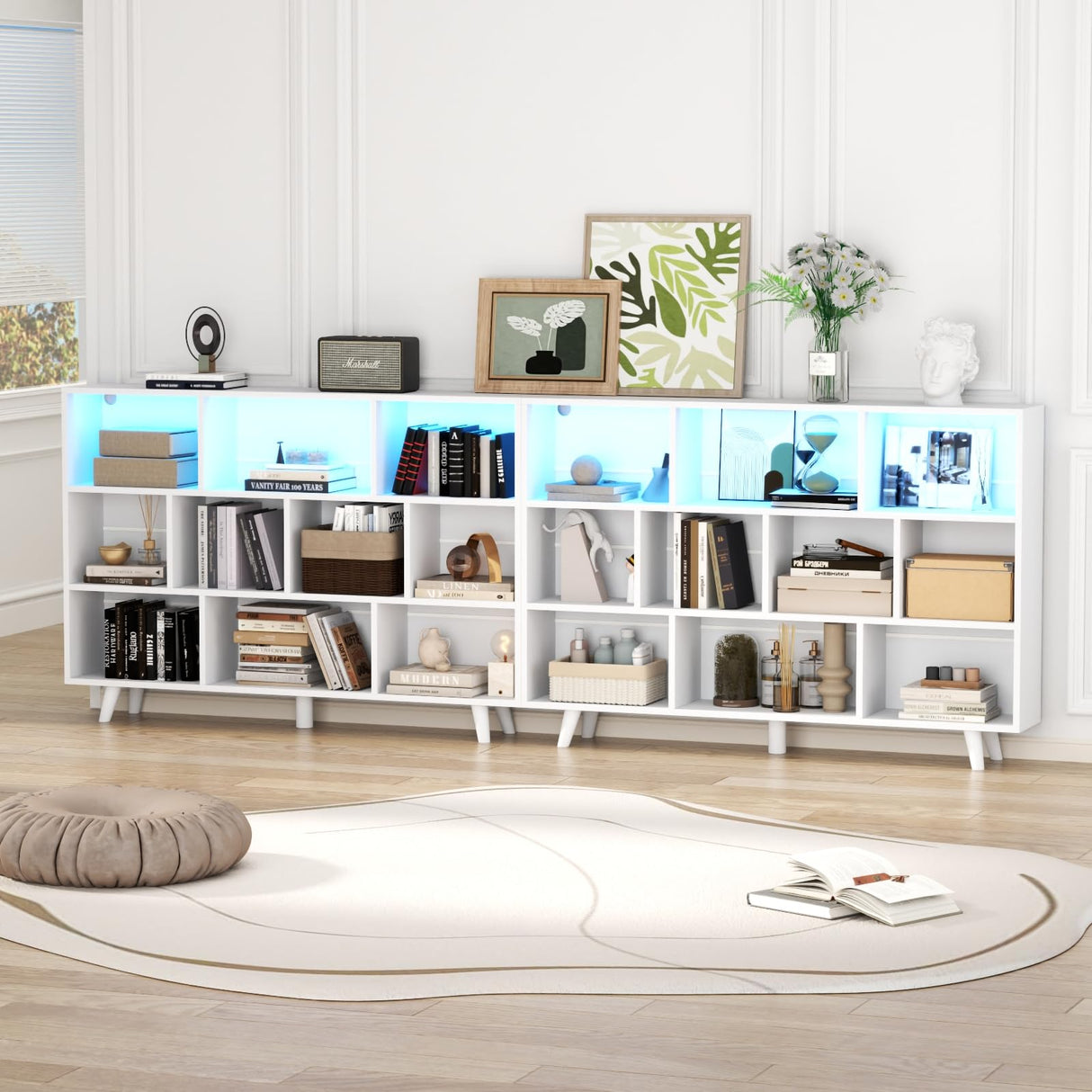 10 Cube Book Shelf with LED Lights, 3-Tier White Bookcase with Solid Wood Legs