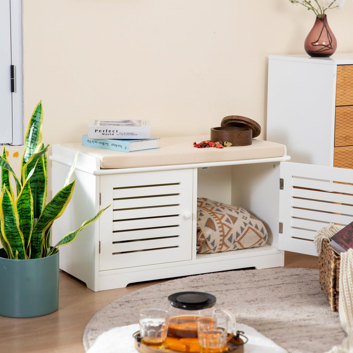 White Storage Shoe Bench for Entryway Hallway, Premium MDF Shoe Rack Cabinet with 2 Doors, Adjustable Shelf, Padded Seat Cushion - Beige