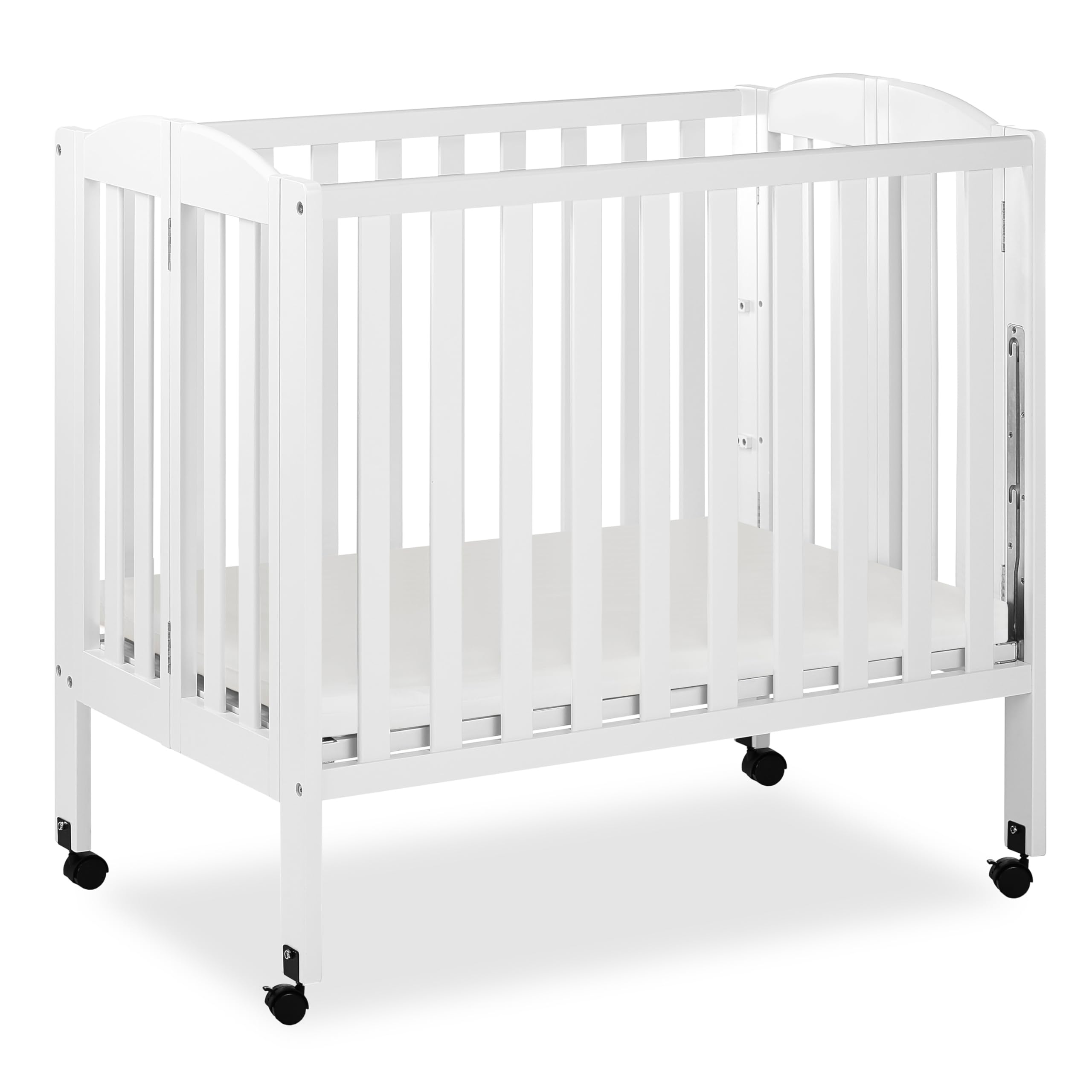 3 in 1 Portable Folding Stationary Side Crib in White, Greenguard Gold Certified, Safety Wheel with Locking Casters, Convertible, 3 Mattress Heights