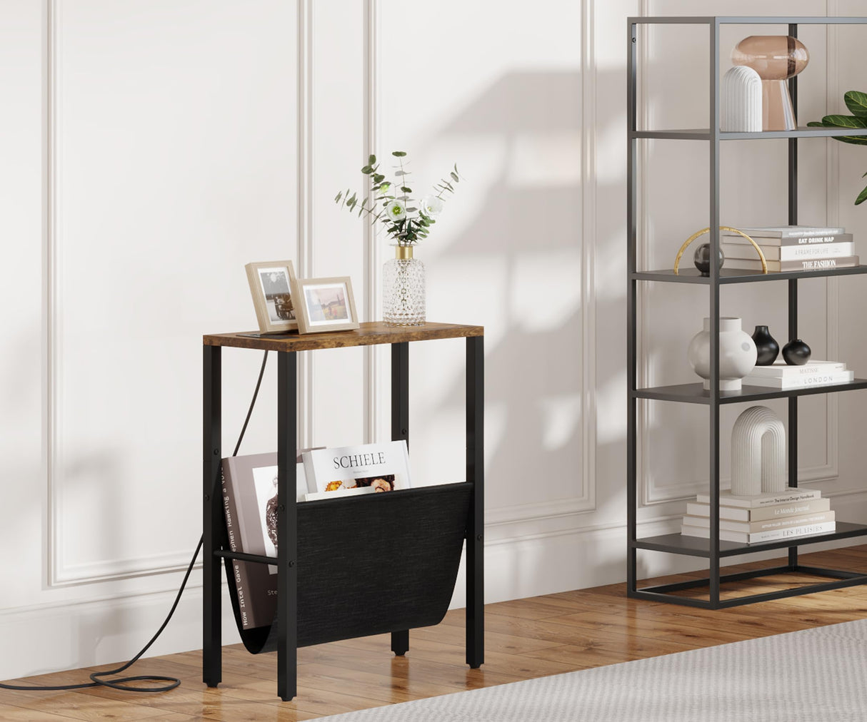 Narrow Side Table with Charging Station, Small End Table