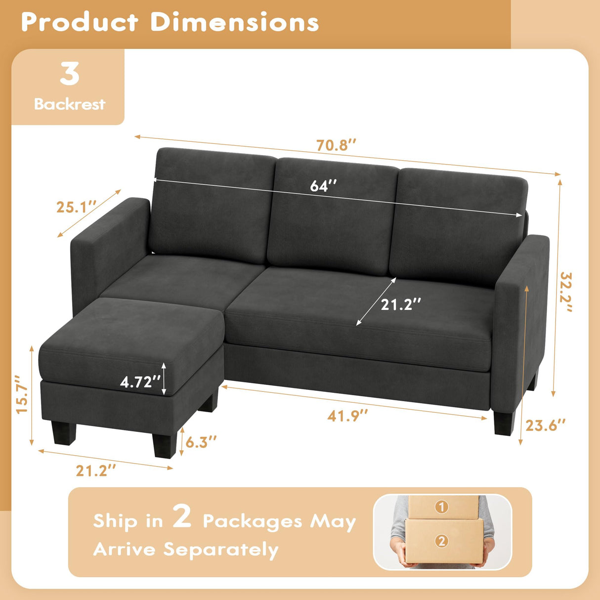 Convertible Sectional Sofa Couch, 3 Seat L-Shaped Sofa with Linen Fabri