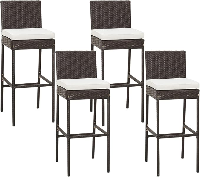 Outdoor Bar Stools Set of 2 - Wicker Rattan Patio Barstools Tall Chairs w/Back, Footrest