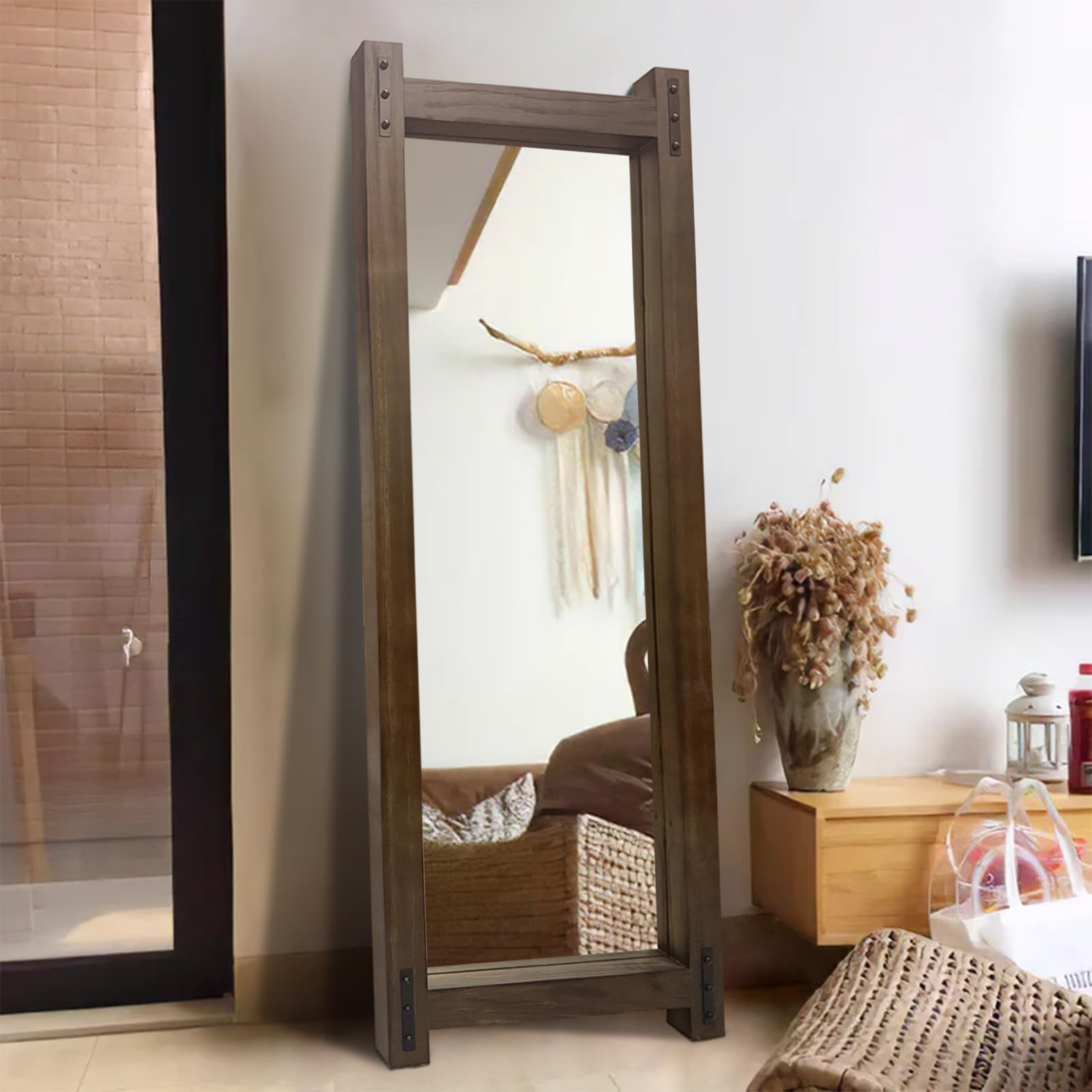 Full Length Mirror with Wood Frame 60x21 - Standing Floor & Wall Mounted