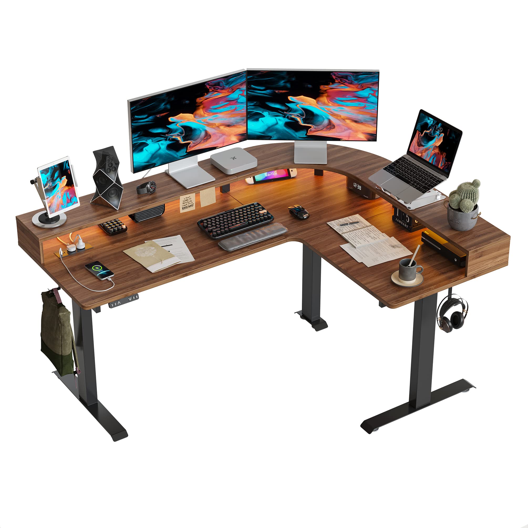 Triple Motor L Shaped Stadning Desk with LED Strip & Power Outrlets，63 inches Height