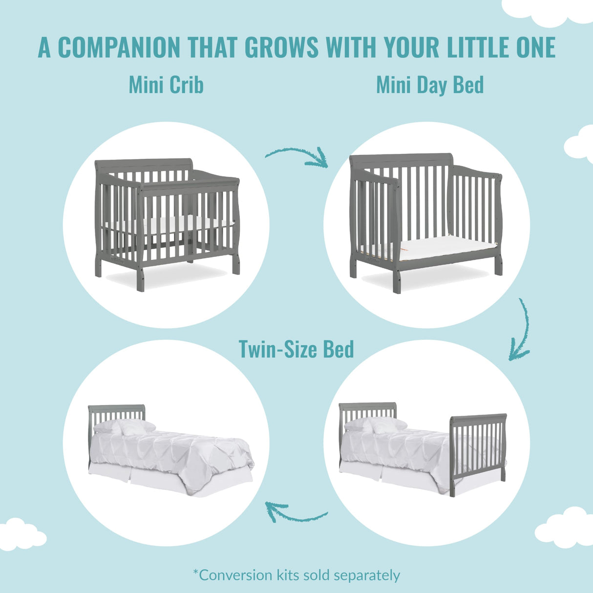 Dream On Me Aden 4-in-1 Convertible Mini Crib In Steel Grey, Greenguard Gold Certified, Non-Toxic Finish, New Zealand Pinewood, With 3 Mattress Height Settings