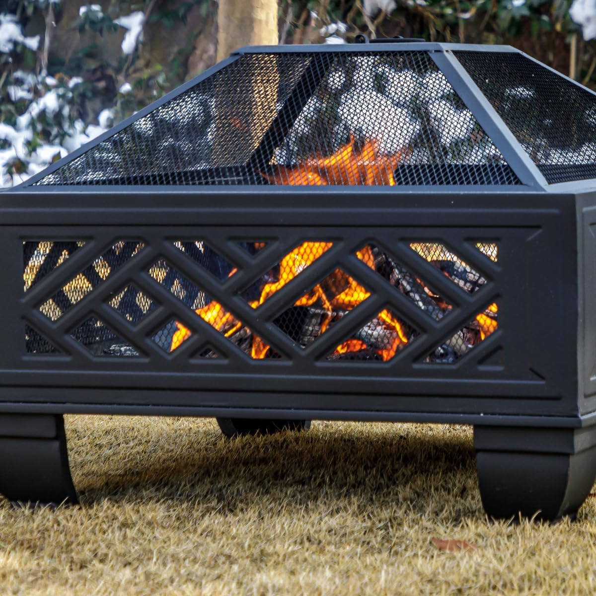 MistMo 26" Steel Square Fire Pit with Grill & Poker, Outdoor Fireplace with Mesh Cover for Patio, Backyard & Garden, Ideal - Bircata