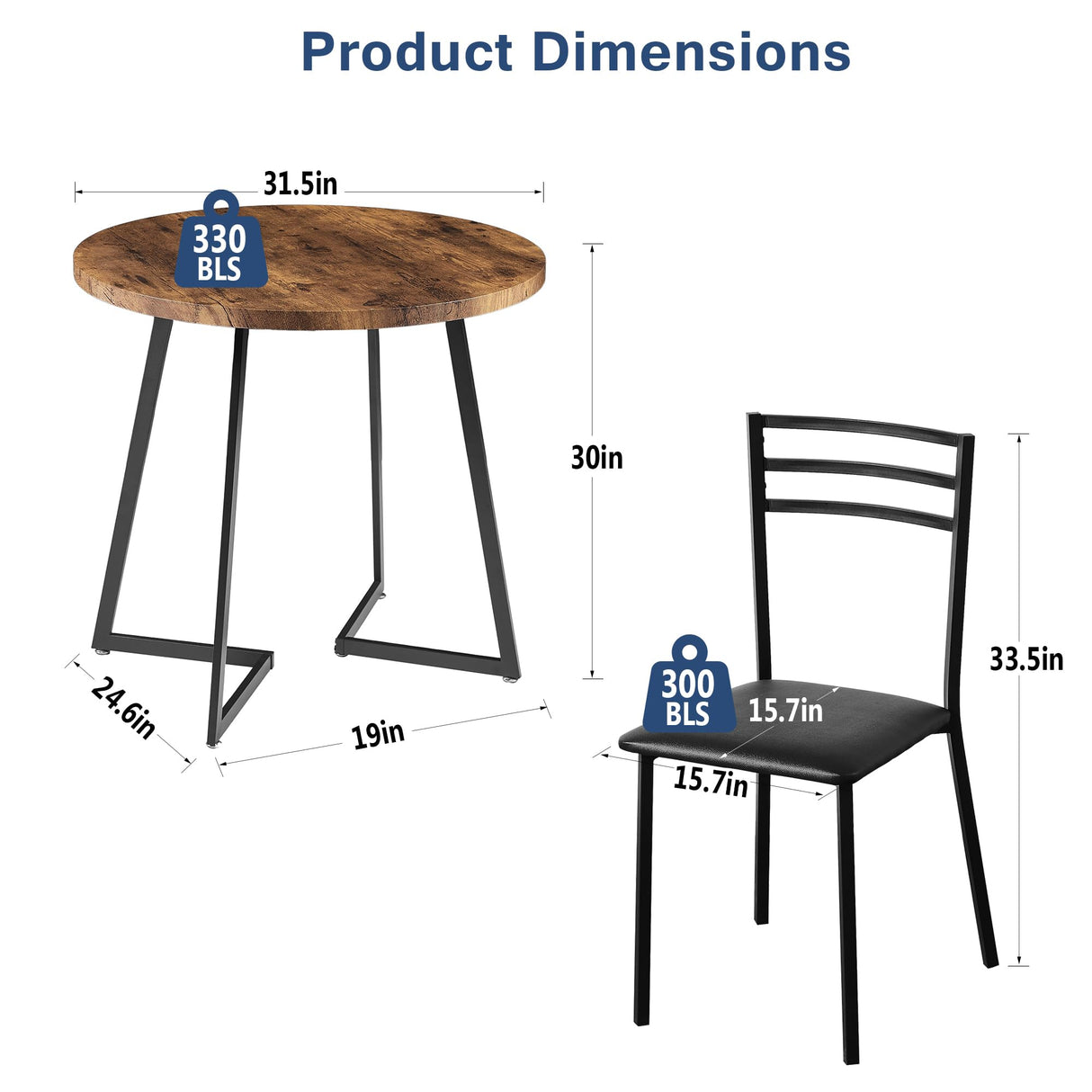 Round Kitchen Table with 2 Upholstered Chairs, 3-Piece Wood Dinette Sets with Steel Frame for Breakfast Nook,