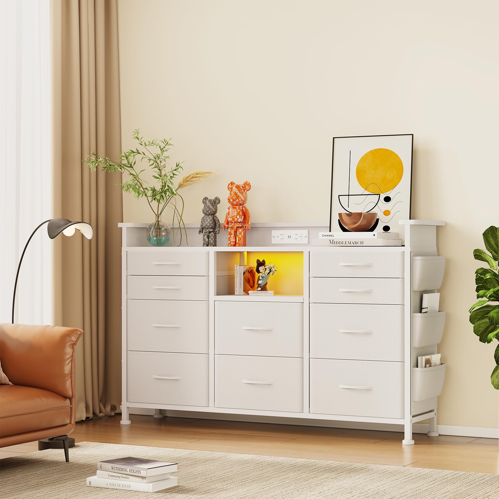 White Dresser with Charging Station and LED Lights, Dresser for Bedroom with 10 Drawers