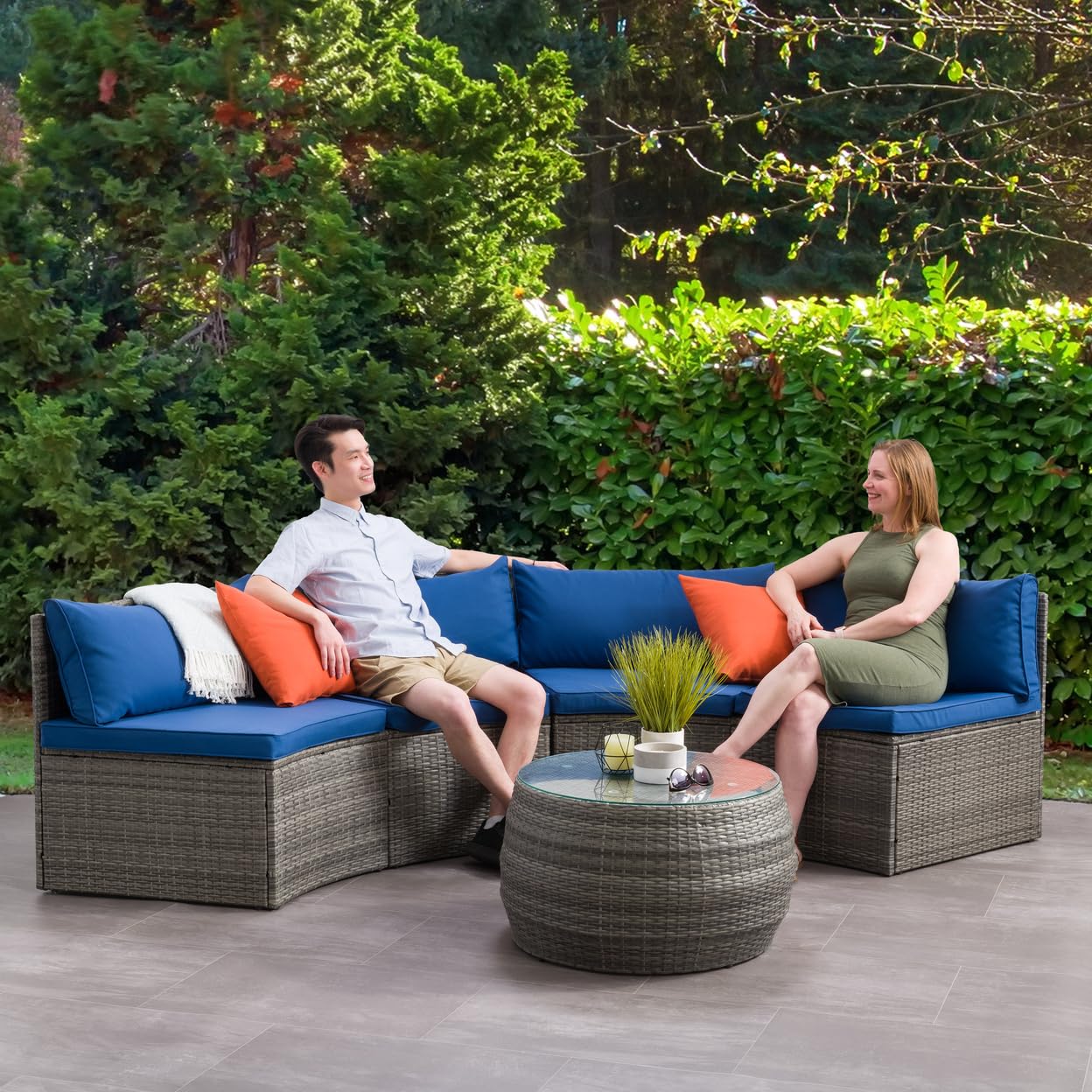 Patio Sectional Set 3pc - Grey with Oxford Blue Fabric Cushions