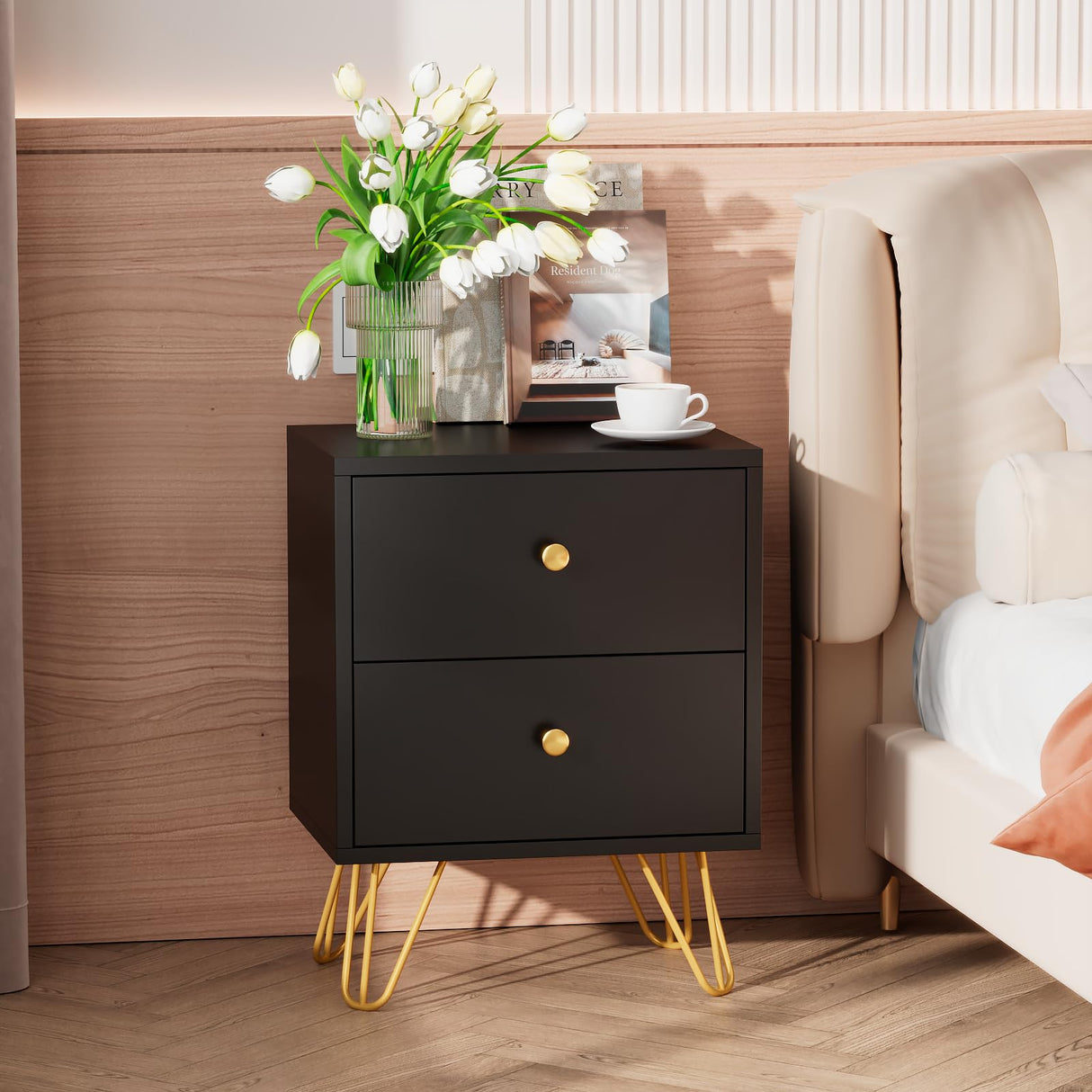 Black Nightstand, Black and Gold Nightstand, Night Stand with Drawers, Small End Table