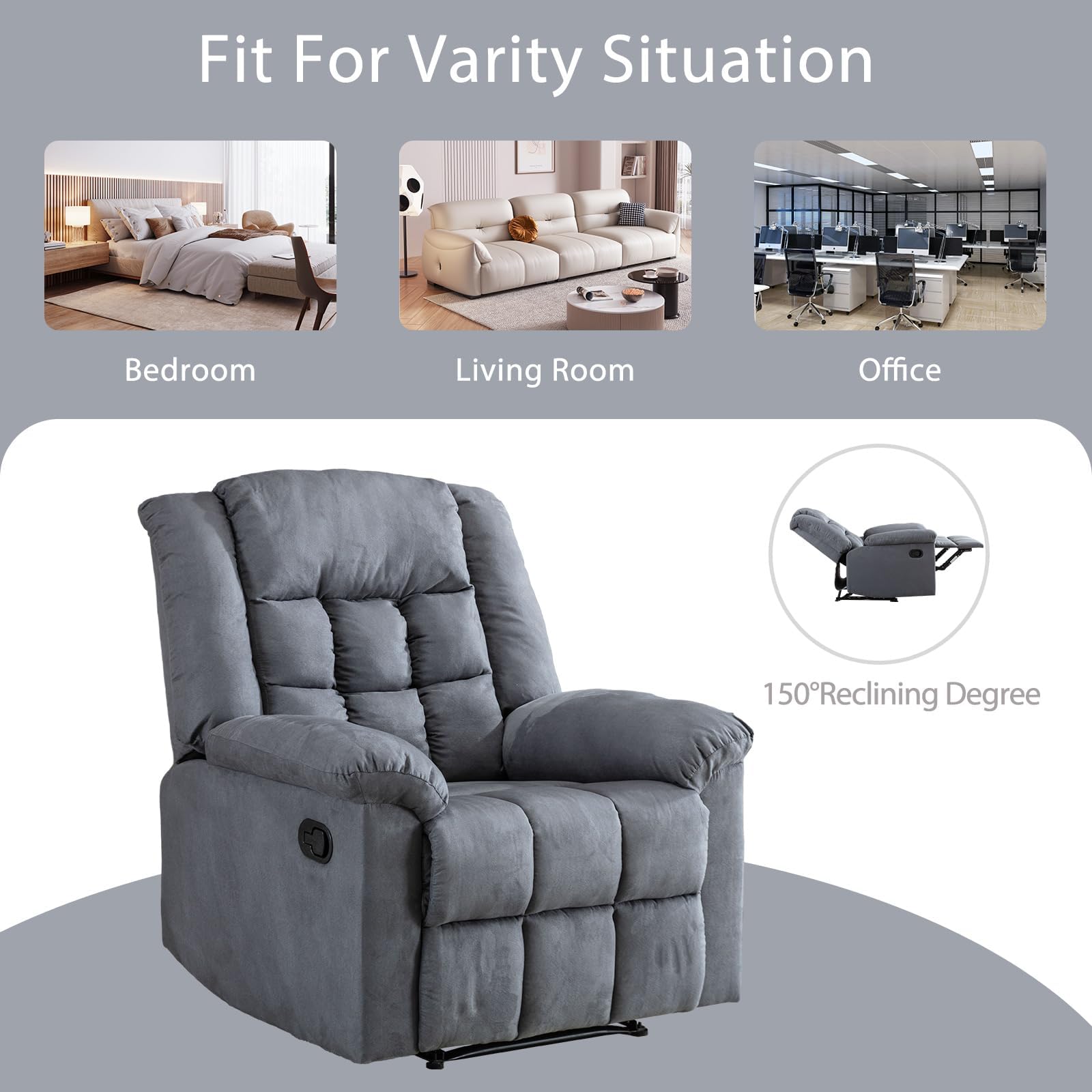 ComforTuff Duo Recliners – 2Pcs Manual Overstuffed Recliner Chairs with Padded Headrest