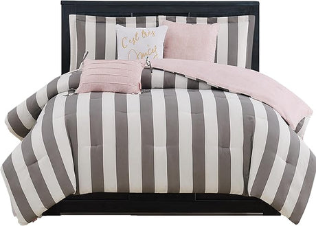 Cabana Stripe Reversible Bedding Set - Queen Size - Black and White Stripe Print – 6