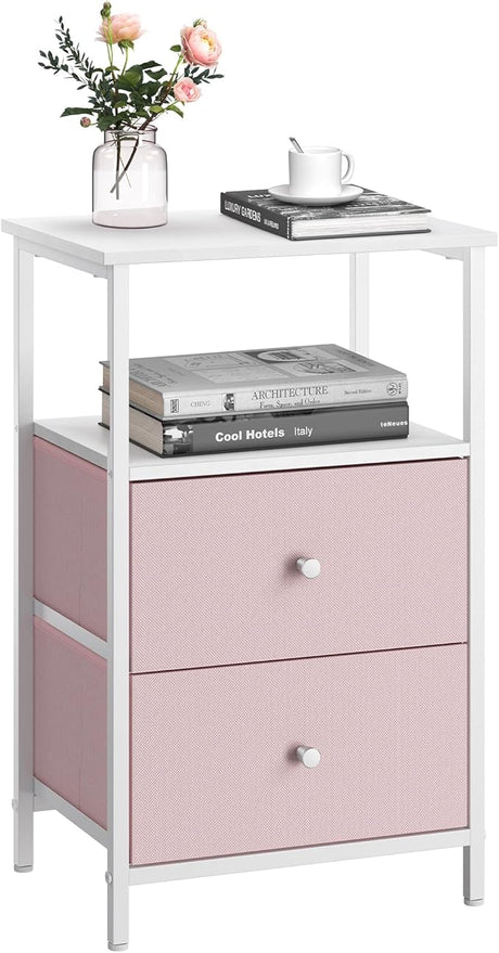 Nightstand, 24-Inch Tall Side Table with 2 Fabric Drawers and Storage Shelf