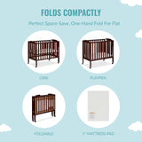 3 in 1 Portable Folding Stationary Side Crib in Espresso, Greenguard Gold Certified ,