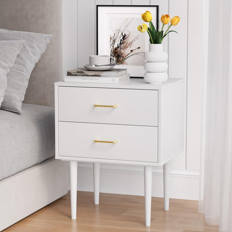 White Nightstand with 2 Drawers, 26" Tall Modern Bedside Table, Mid-Century Modern