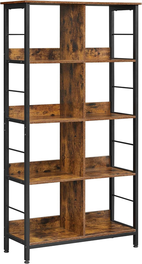 Industrial 8-Compartment Bookshelf, 4-Tier Bookcase with 8 Open Slots, Display Storage Rack, for Office, Living Room, Bedroom, 31.5 x 13 x 58.7 Inches, Rustic Brown and Black ULLS105B01