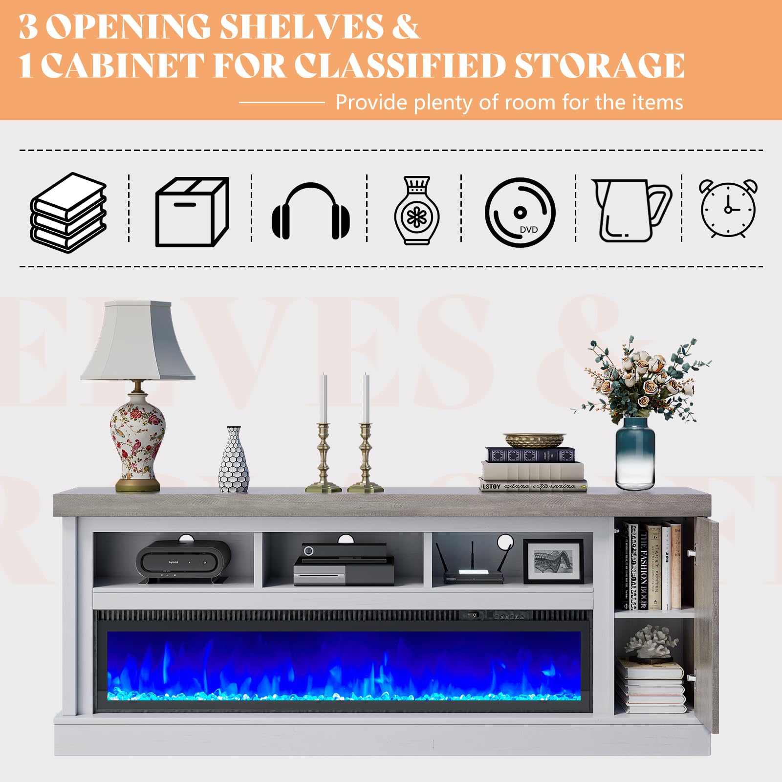 75" Fireplace TV Stand with 60" Glass Electric Fireplace