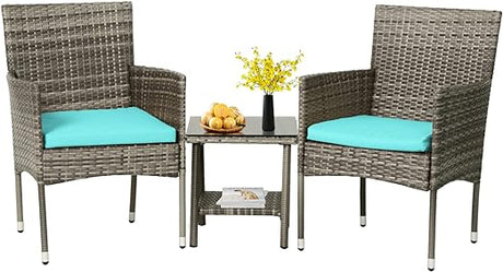 3 Piece Outdoor Furniture Set Patio Gray Wicker Chairs Furniture Bistro Conversation Set 2