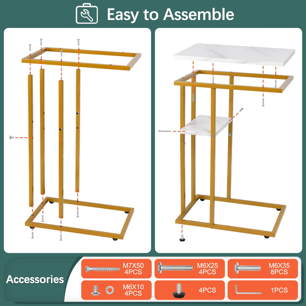 C Table End Table Set of 2, Side Tables Living Room, C Shaped Side Table